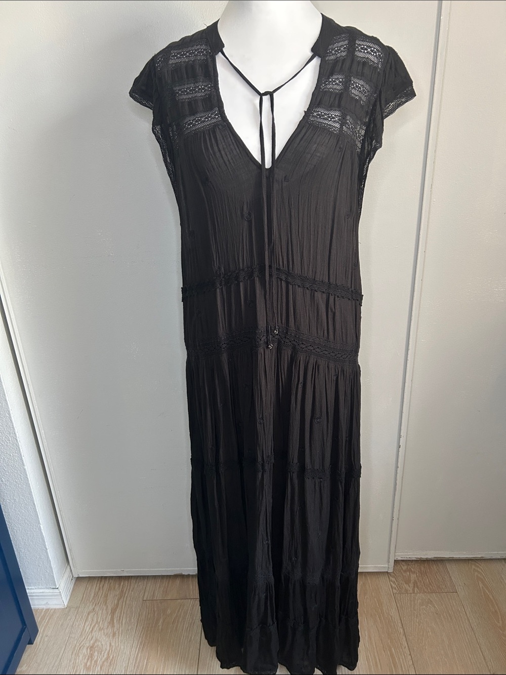 Free People Free People Midnight Cap Sleeve Midi Dress with V-Neck Tie